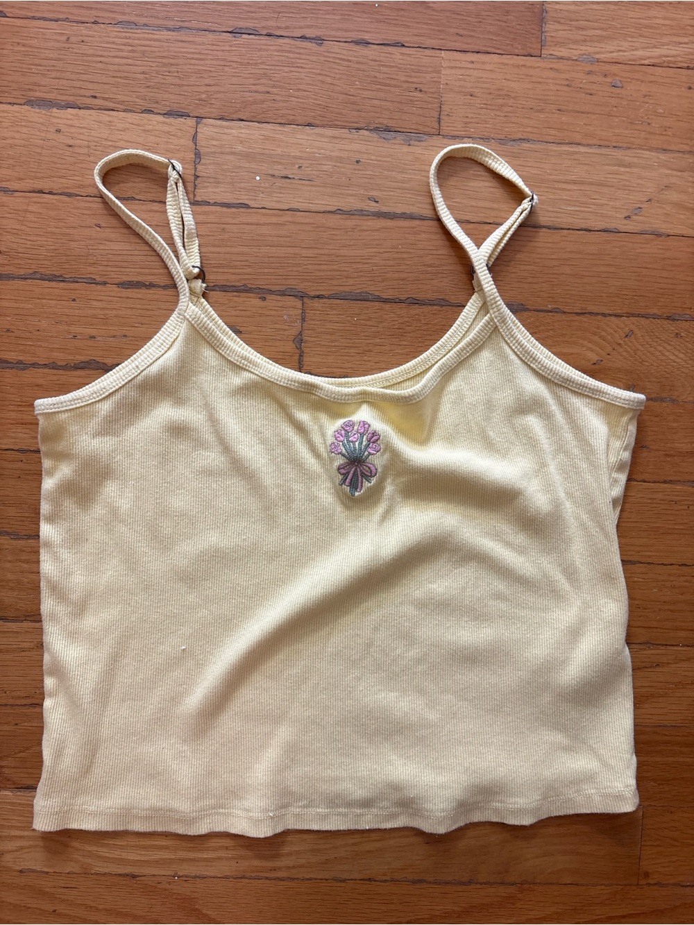 Hollister Pale Yellow Ribbed Cropped Cami with Pink Floral Accent